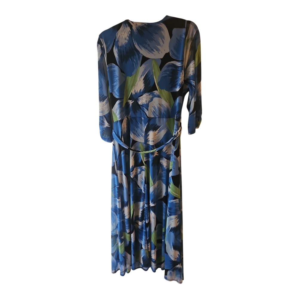 Blue Floral Midi Dress with Green Accent - Women's Printed Midi